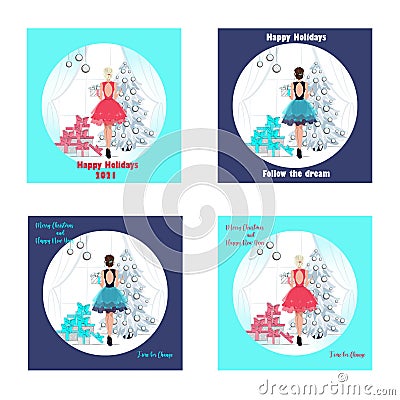 Set of Christmas cards with beautiful girls in the style of fashion illustration Vector Illustration